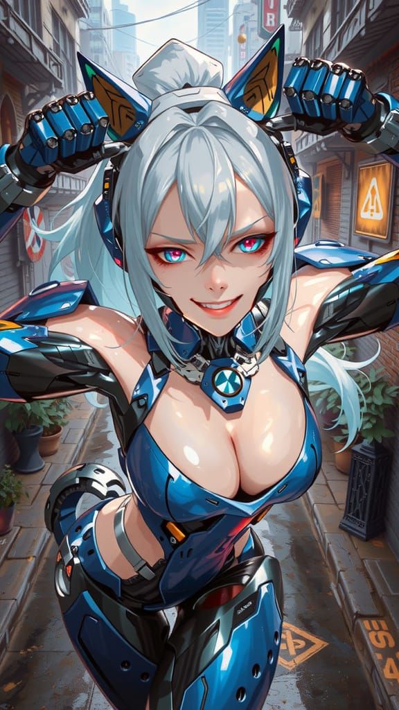 Cyberpunk Mecha-Musume Assassin in Futuristic Cityscape