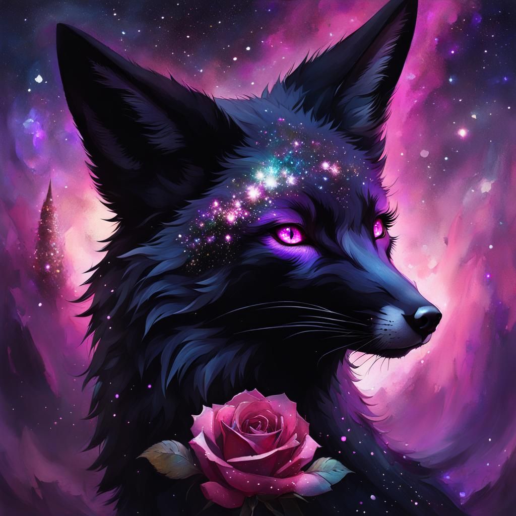 Cosmic Black Fox Sniffing a Rose