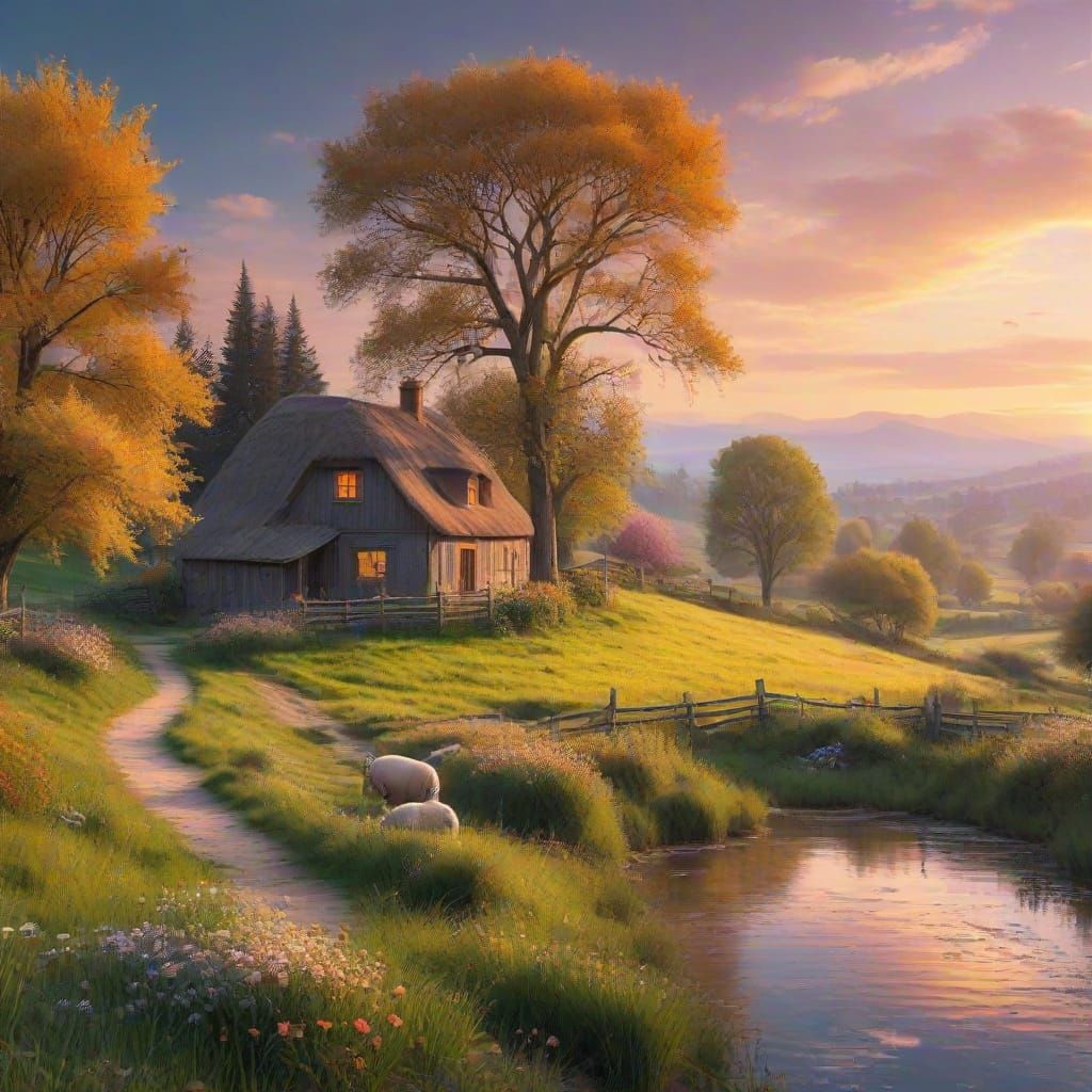 Serene Farm Landscape in Warm Sunset Light
