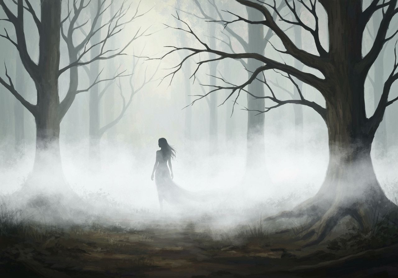 Ethereal Figure Dissolves into Misty Forest Landscape