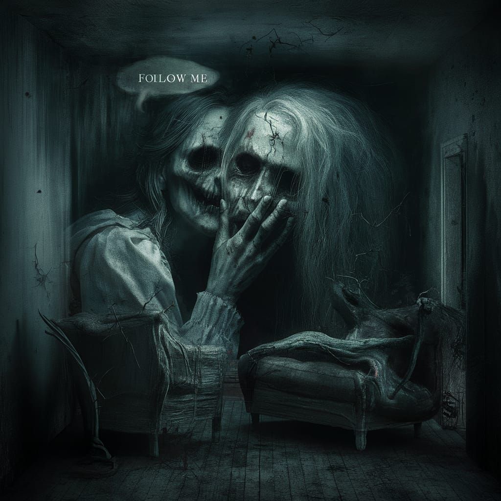 Surreal Spectral Figure Whispering in Dimly Lit Setting