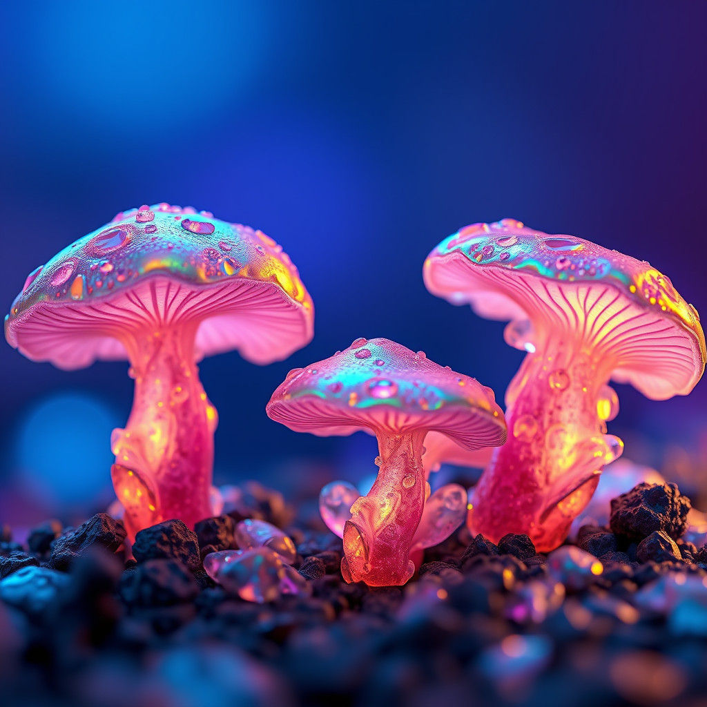 Iridescent Crystal Mushrooms in Dreamlike Matte Painting Sty...