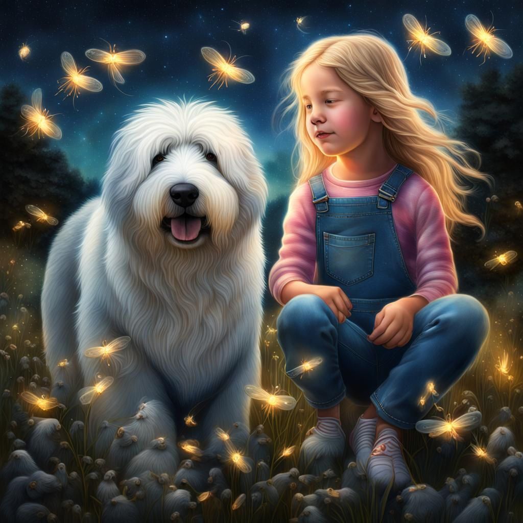 Girls Catching Fireflies with Sheepdogs: Old Master Style