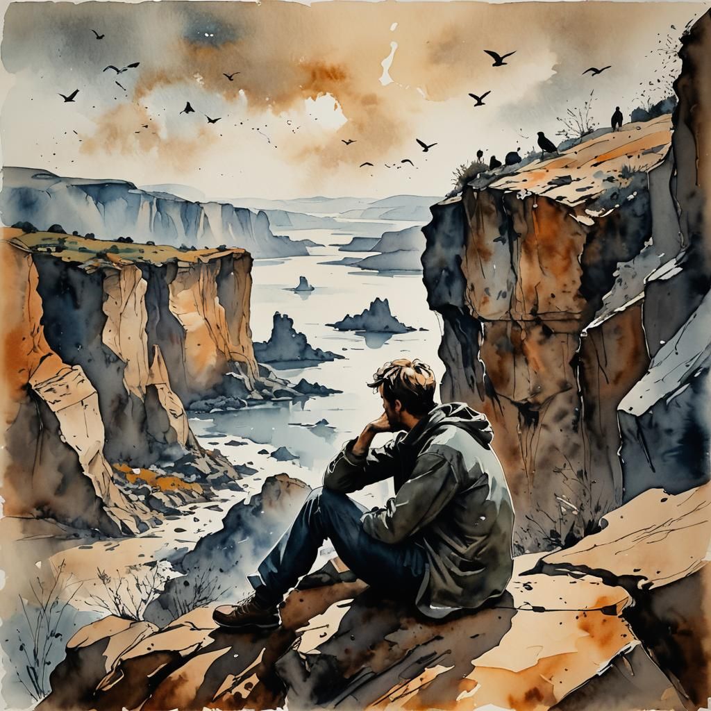 Contemplative Figure at Cliff Edge: Watercolor Painting