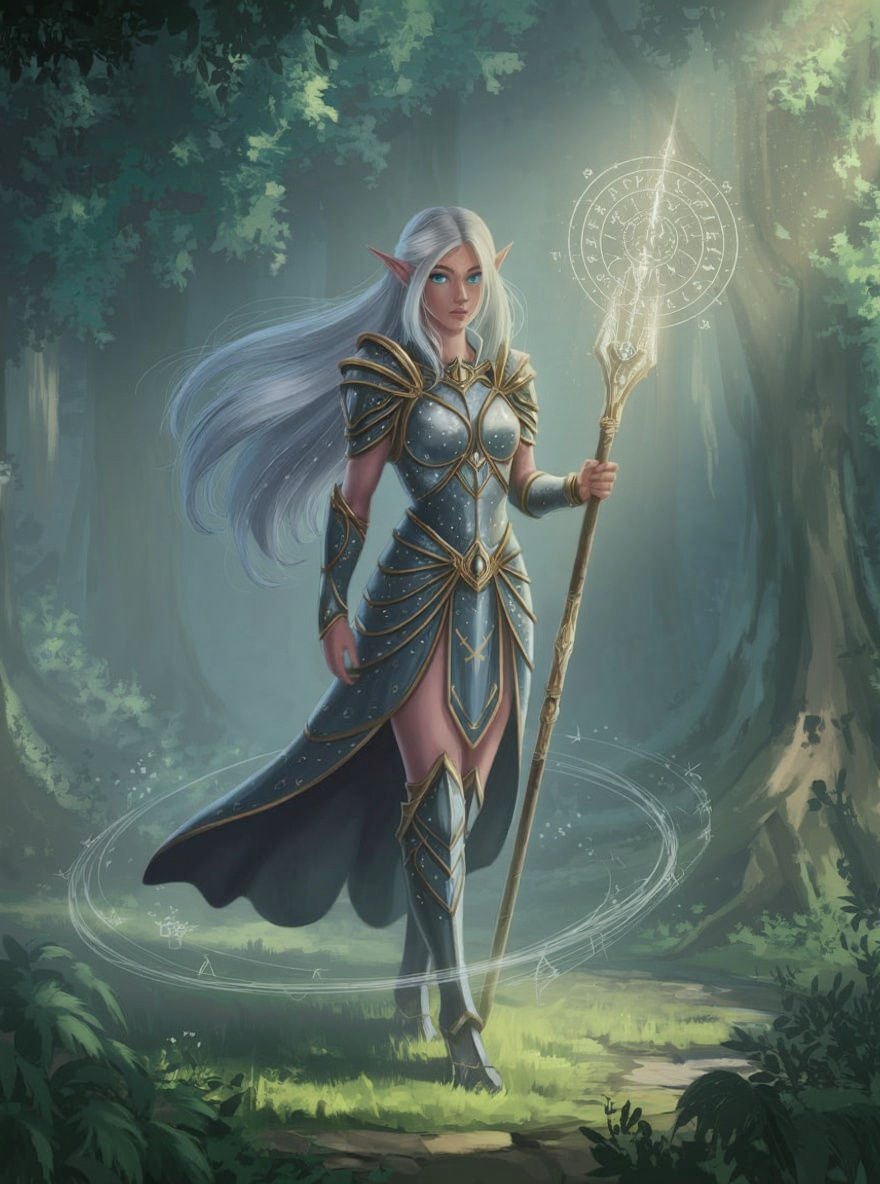 Elven Woman with Glowing Staff in Mystical Forest
