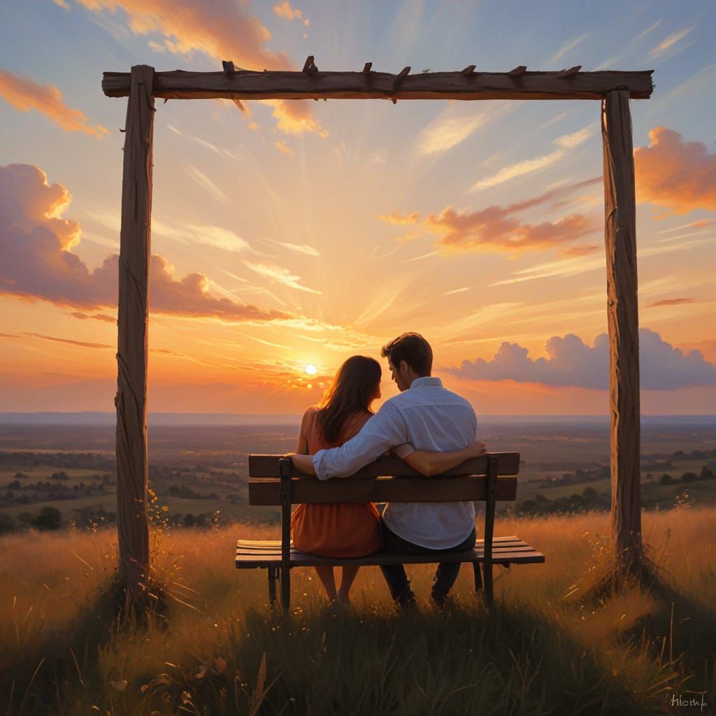 Romantic Couple Watching Sunset in Impressionism Style