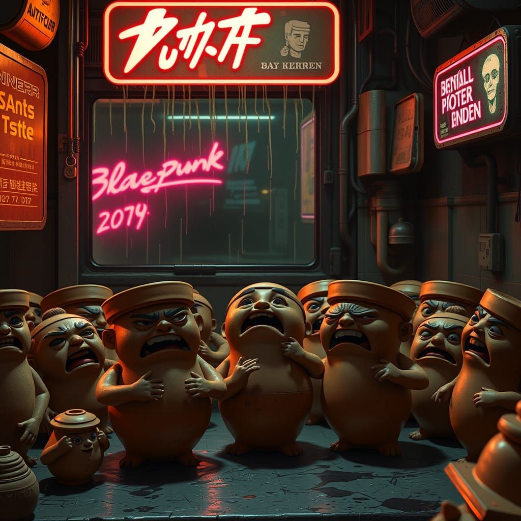 Animated Pots Rally in Grimy Kitchen with Neon Glow