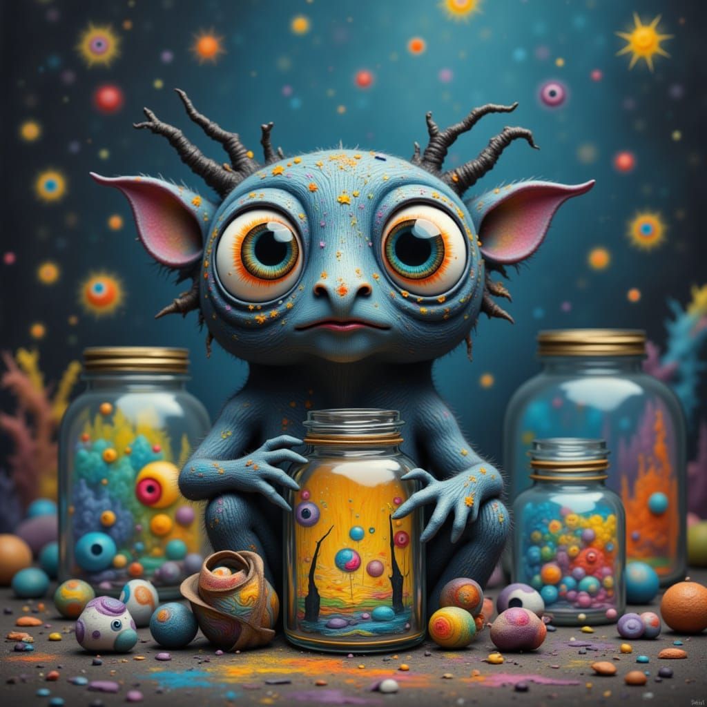 Gothic Creature Holding Jars of Eyes and Art