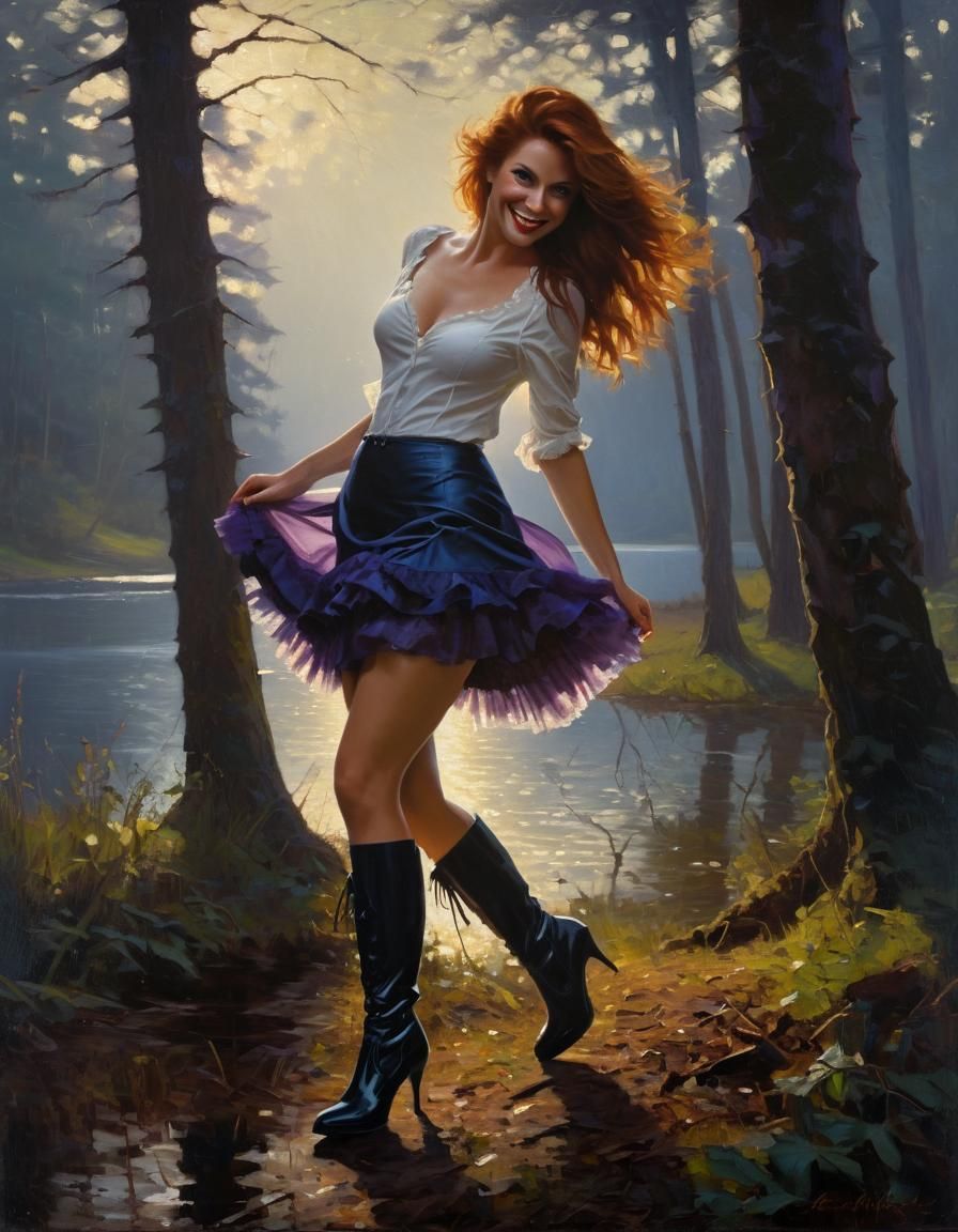 Woman in Forest: Chiaroscuro Oil Painting