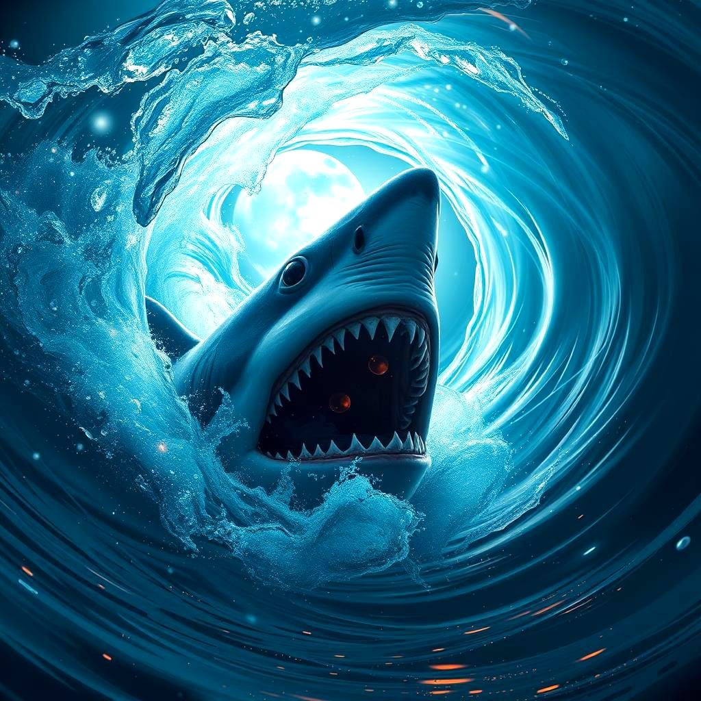 Clone Face Shark in Ocean Waves, Detailed Matte Painting