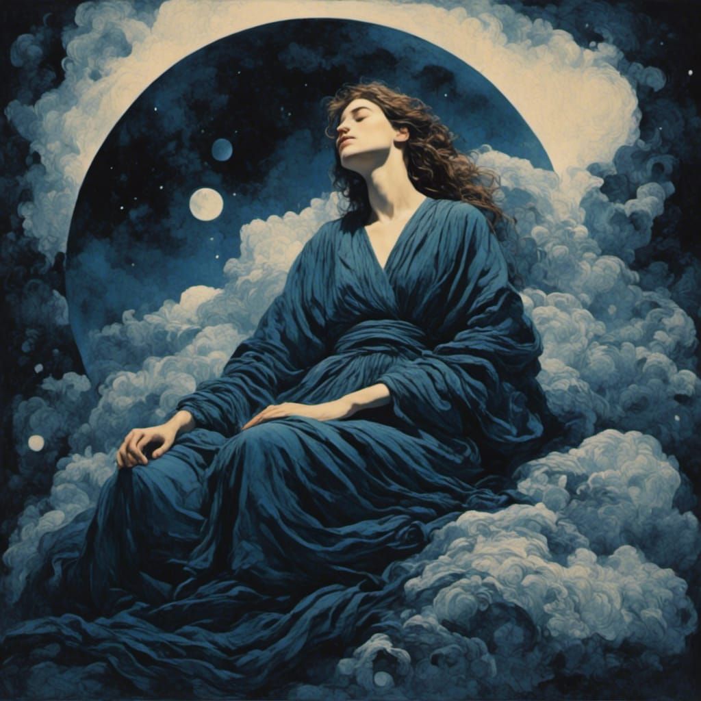 Woman Sleeping in Cosmic Dreamscape as Palekh Art