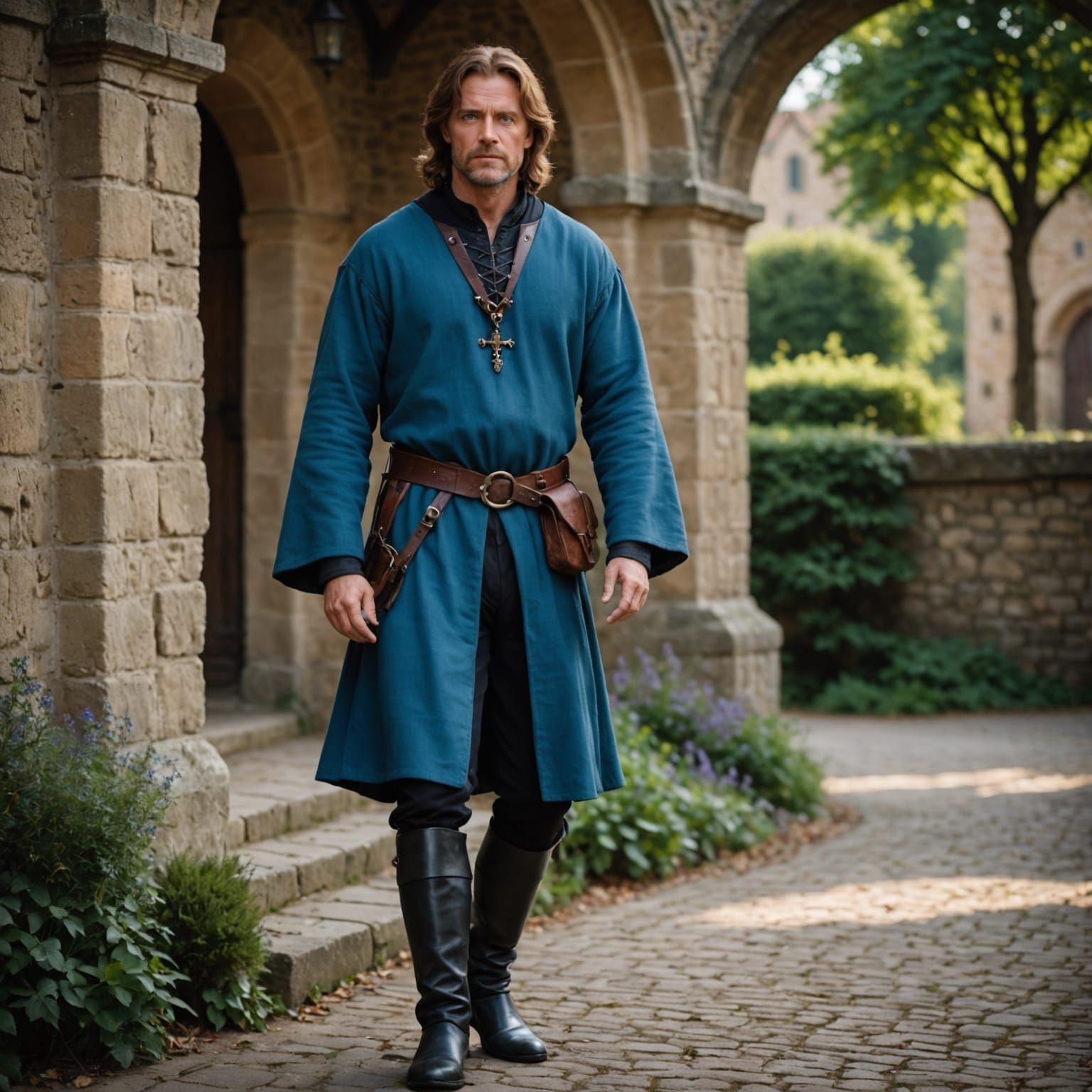 Handsome Medieval Man in Blue Tunic, Professional Photograph...