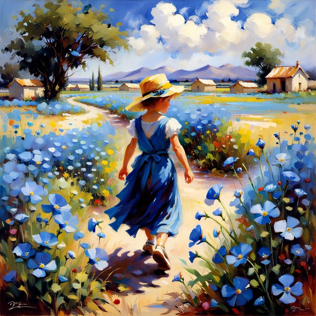 Child Runs to Mother Through Field of Blue Flax