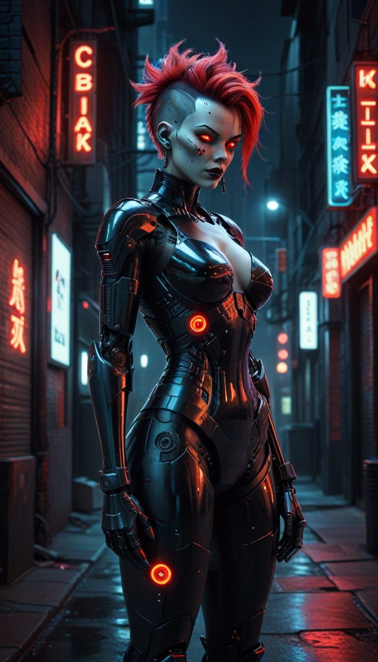 Cyberpunk Robot Pinup in a Neon Cityscape
