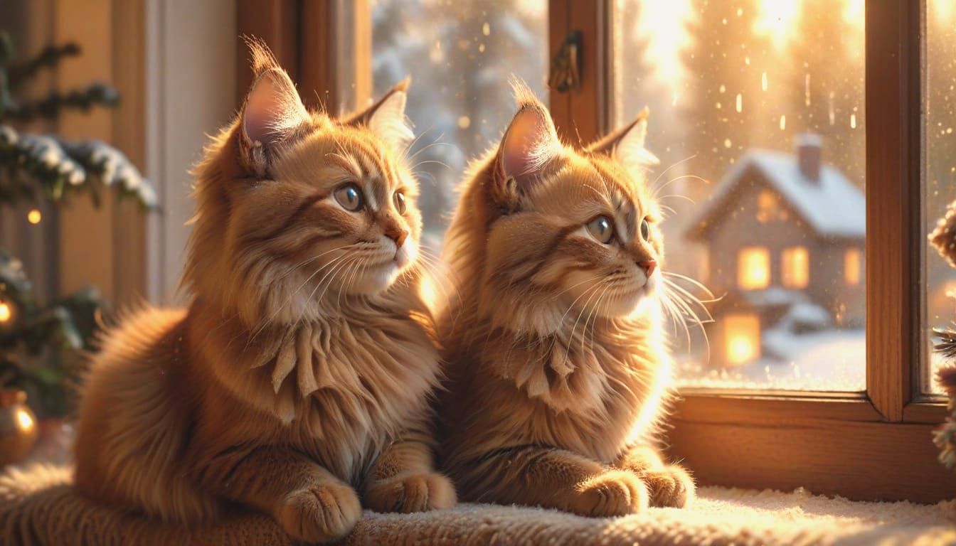 Fluffy Kittens Watch Snowfall From Cozy Room
