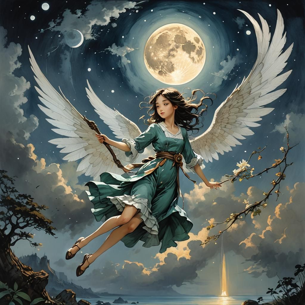Fairy Flight Under Moon in Detailed Watercolor Style
