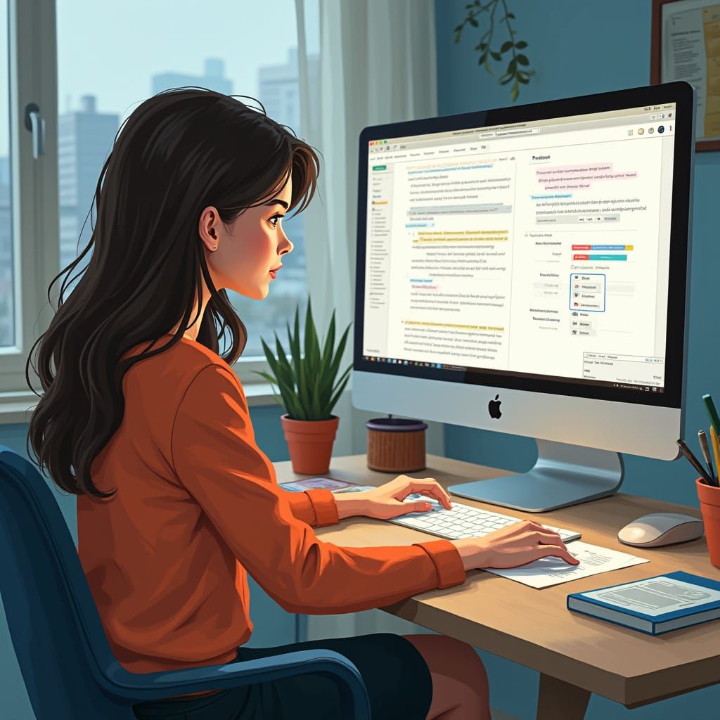 Woman Writer Uses Grammar Checker: Digital Art