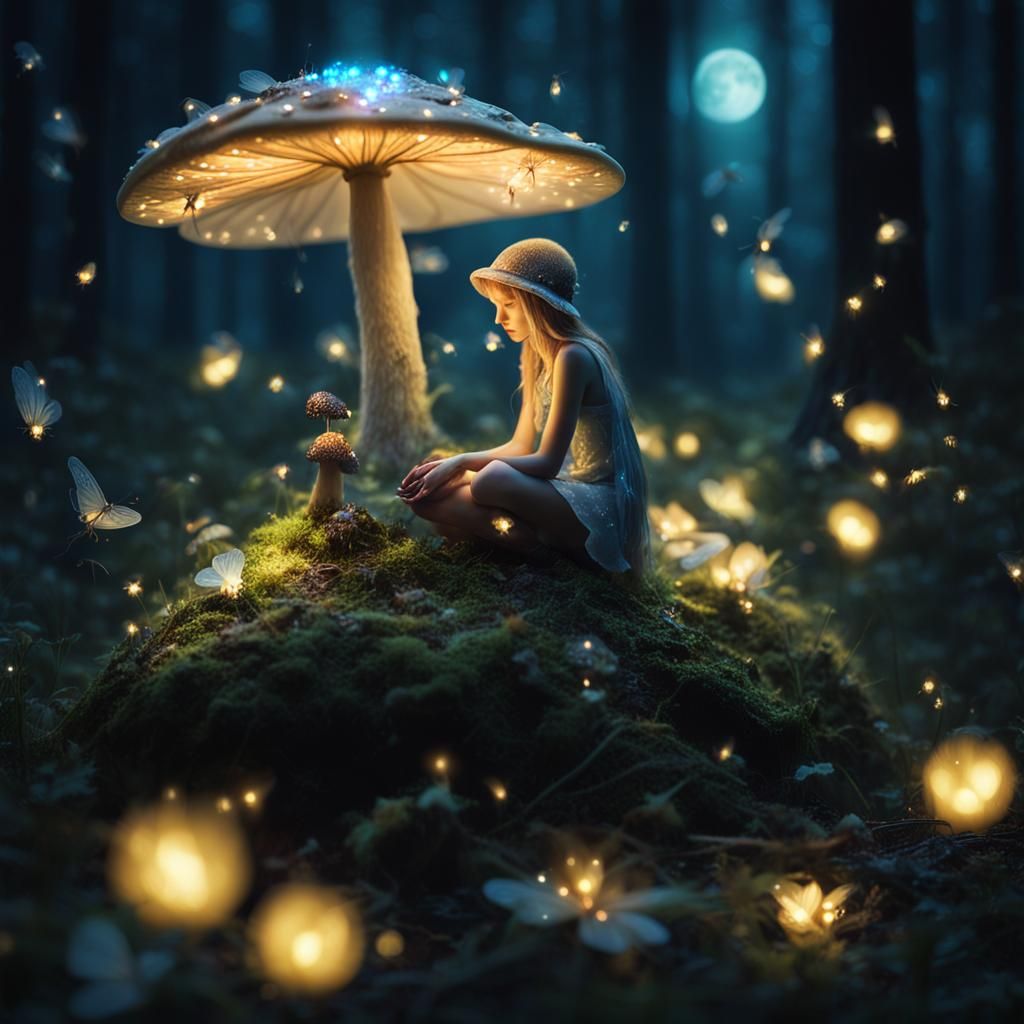 Fairy in Moonlit Forest with Fireflies, Surreal Light Art