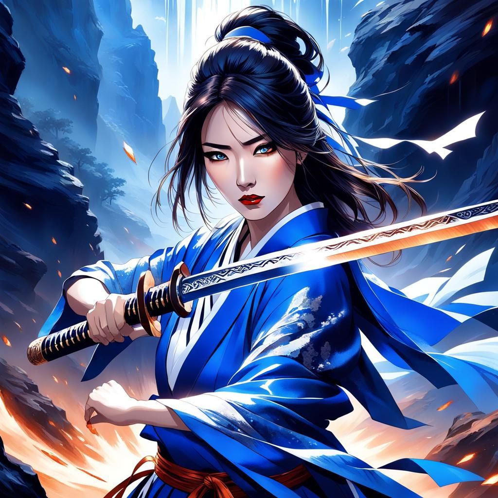 Powerful Samurai Woman with Sword in Cave