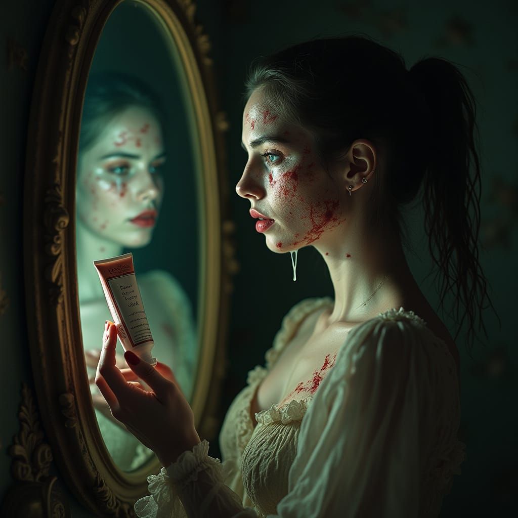 Surreal Horror: Decaying Reflection in Ornate Mirror