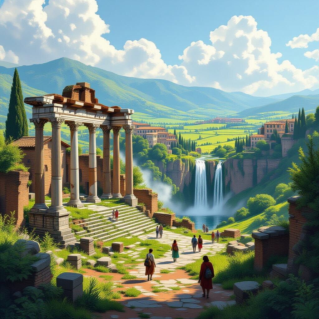 Italian Roman Ruins with Waterfall, Photorealistic Style