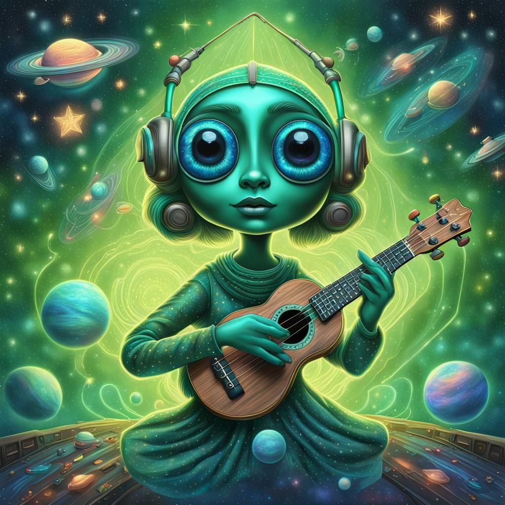 Cosmic Ukulele Musician in Spaceship
