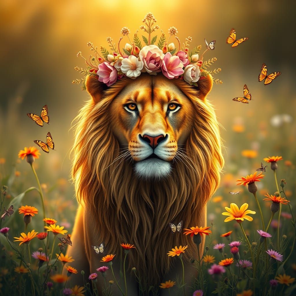 Lioness with Flower Crown in Sunlit Meadow