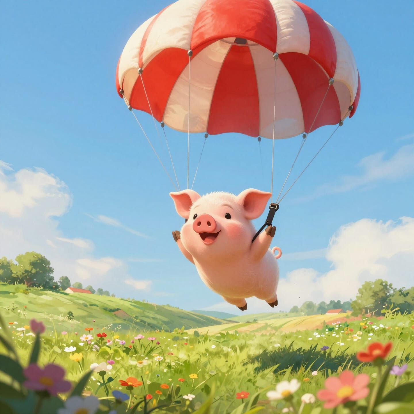 Joyful Pig Skydiving with Parachute Over Green Fields