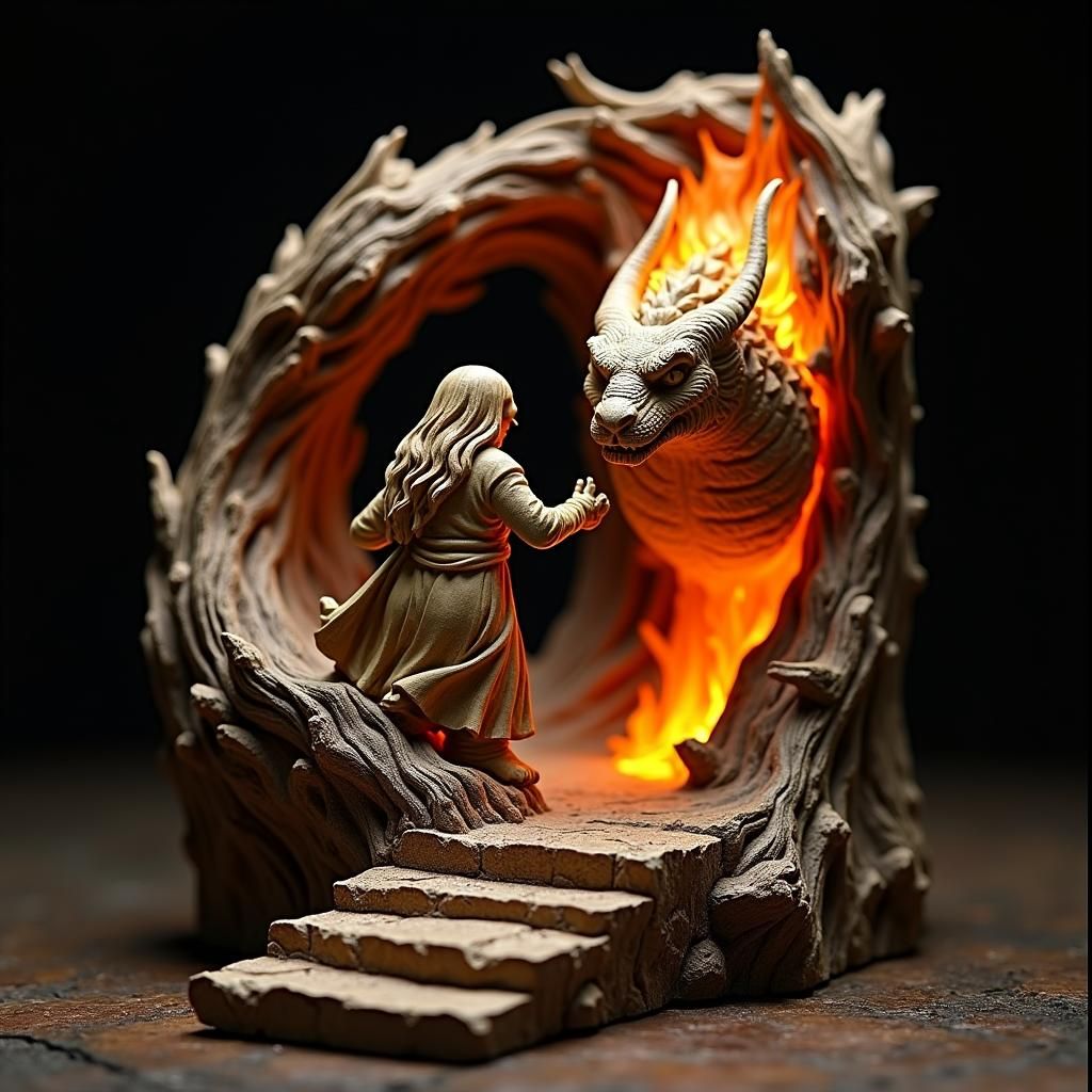 Flaming Balrog Wood Carving Figurine