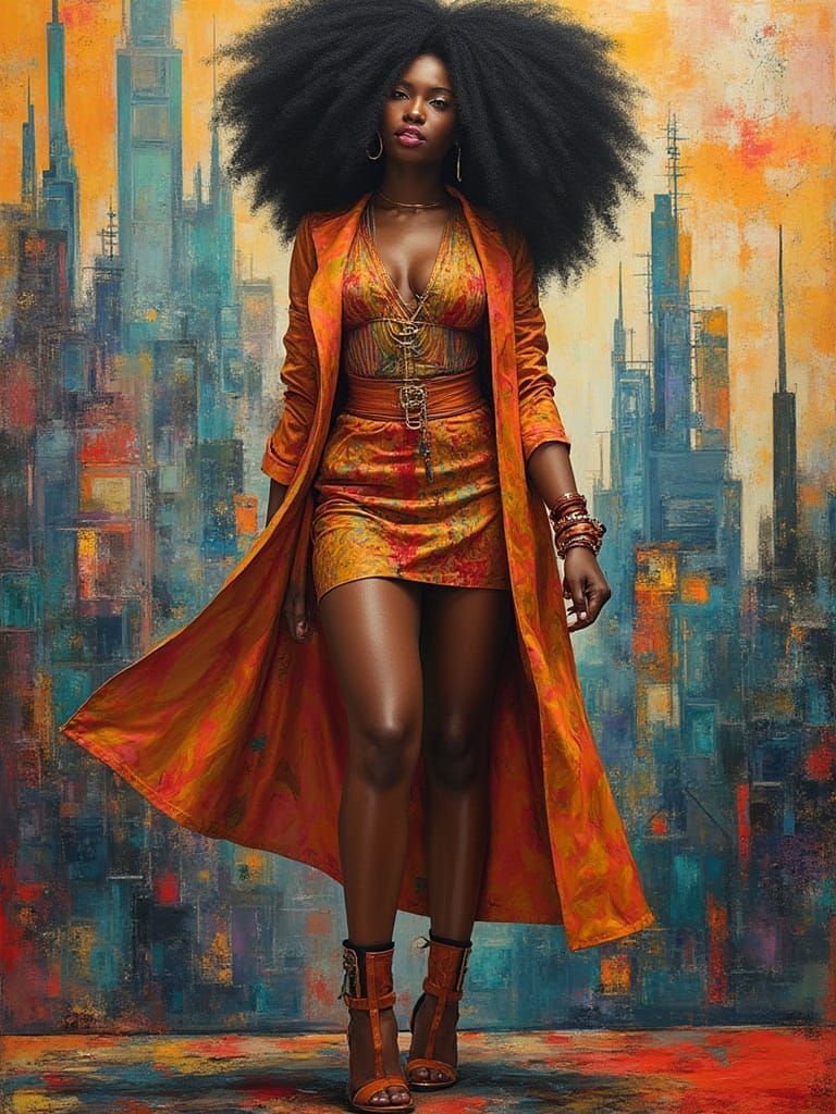 Afrofuturist Woman in Cubist Cityscape