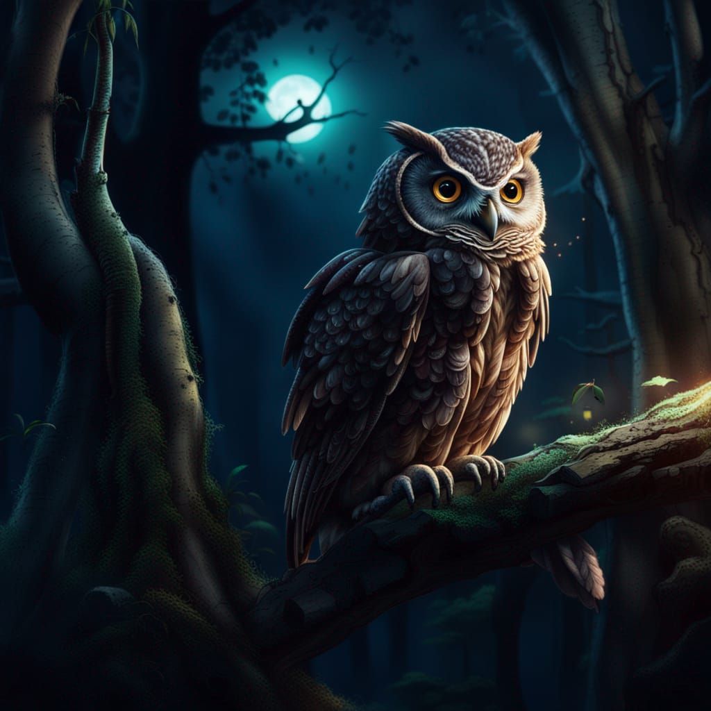 Wise Owl in Night Forest: Digital Matte Painting