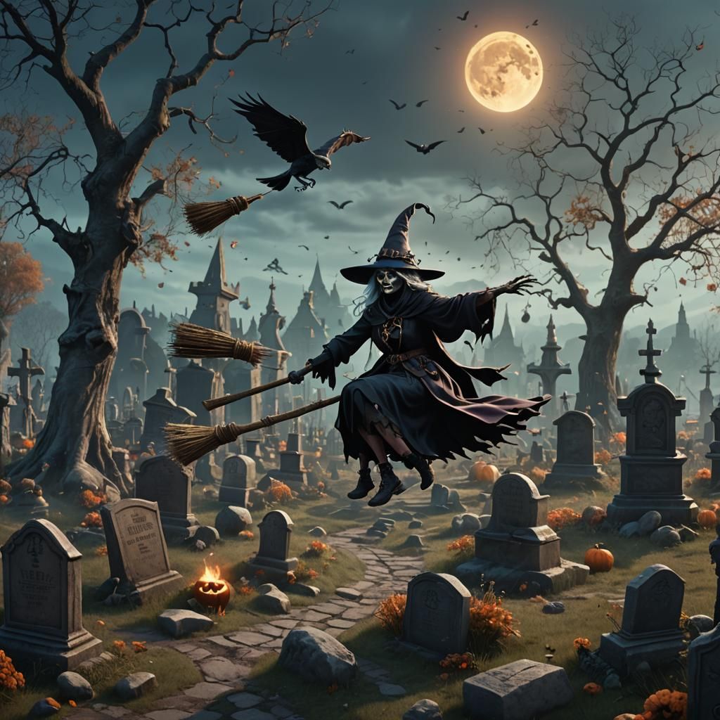 Dancing Skeletons Under Witch in Graveyard