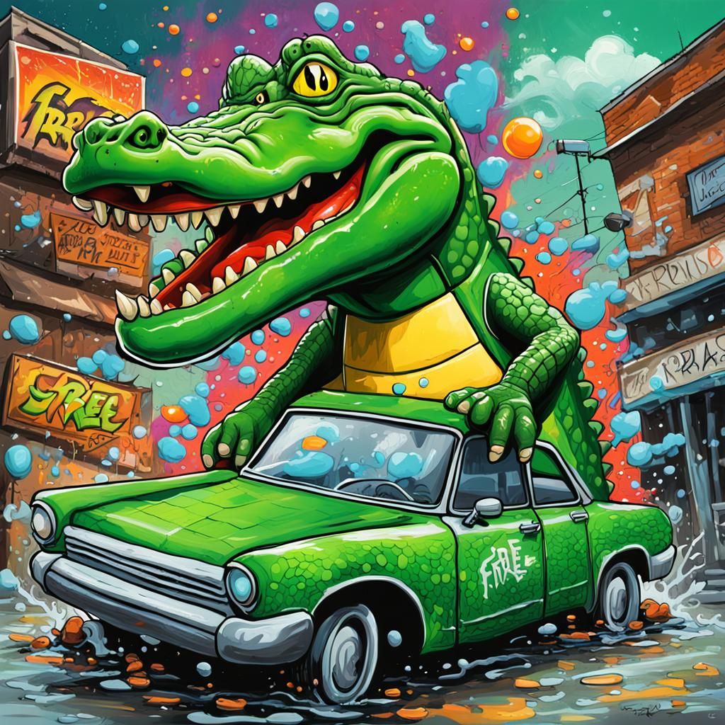 Cartoon Alligator Driving Car in Graffiti Art Style
