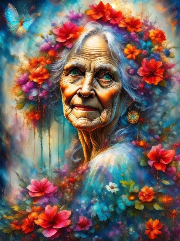 Portrait of Woman with Flowers in Cosmic Style