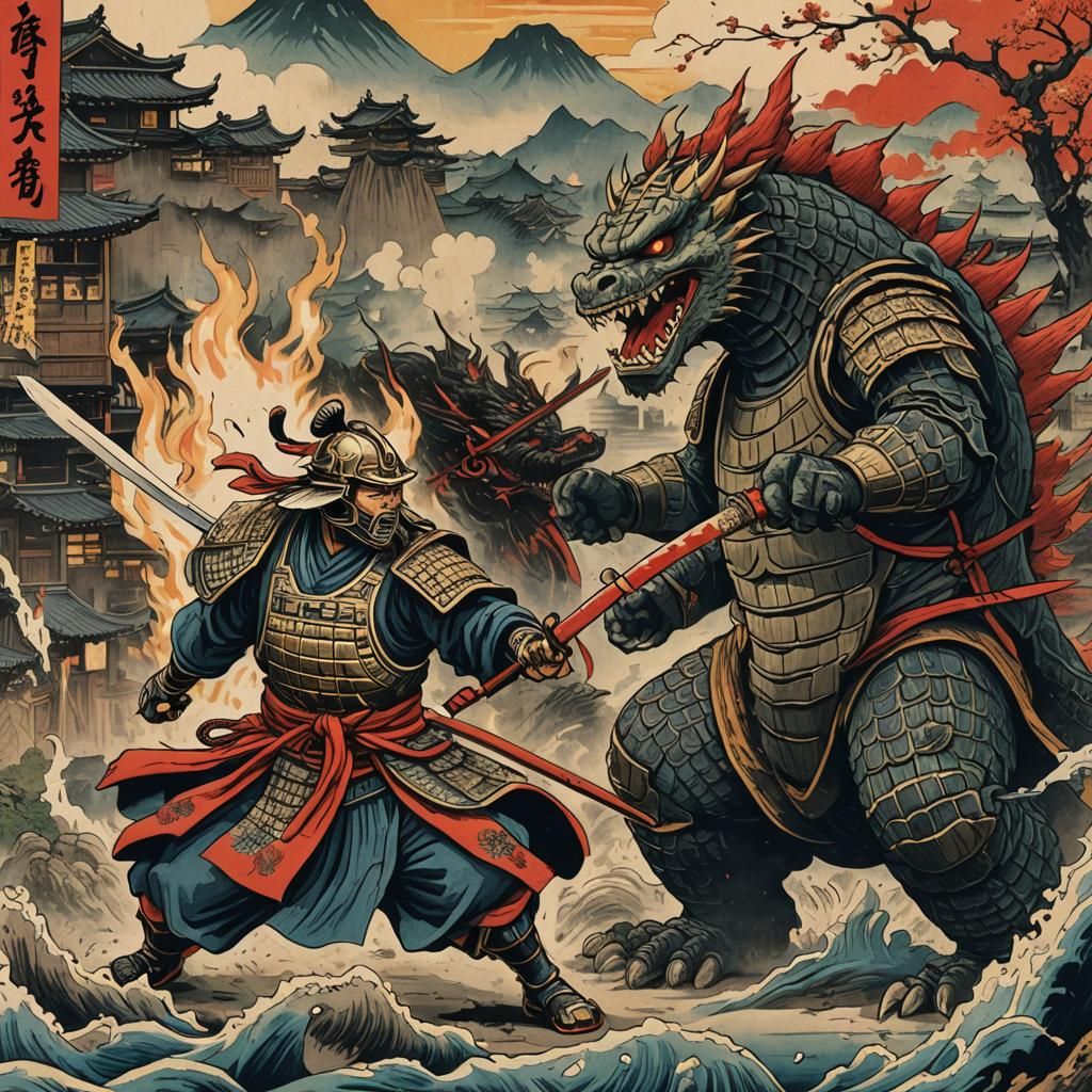 Samurai vs. Godzilla in Feudal Japan: Ukiyo-e Print