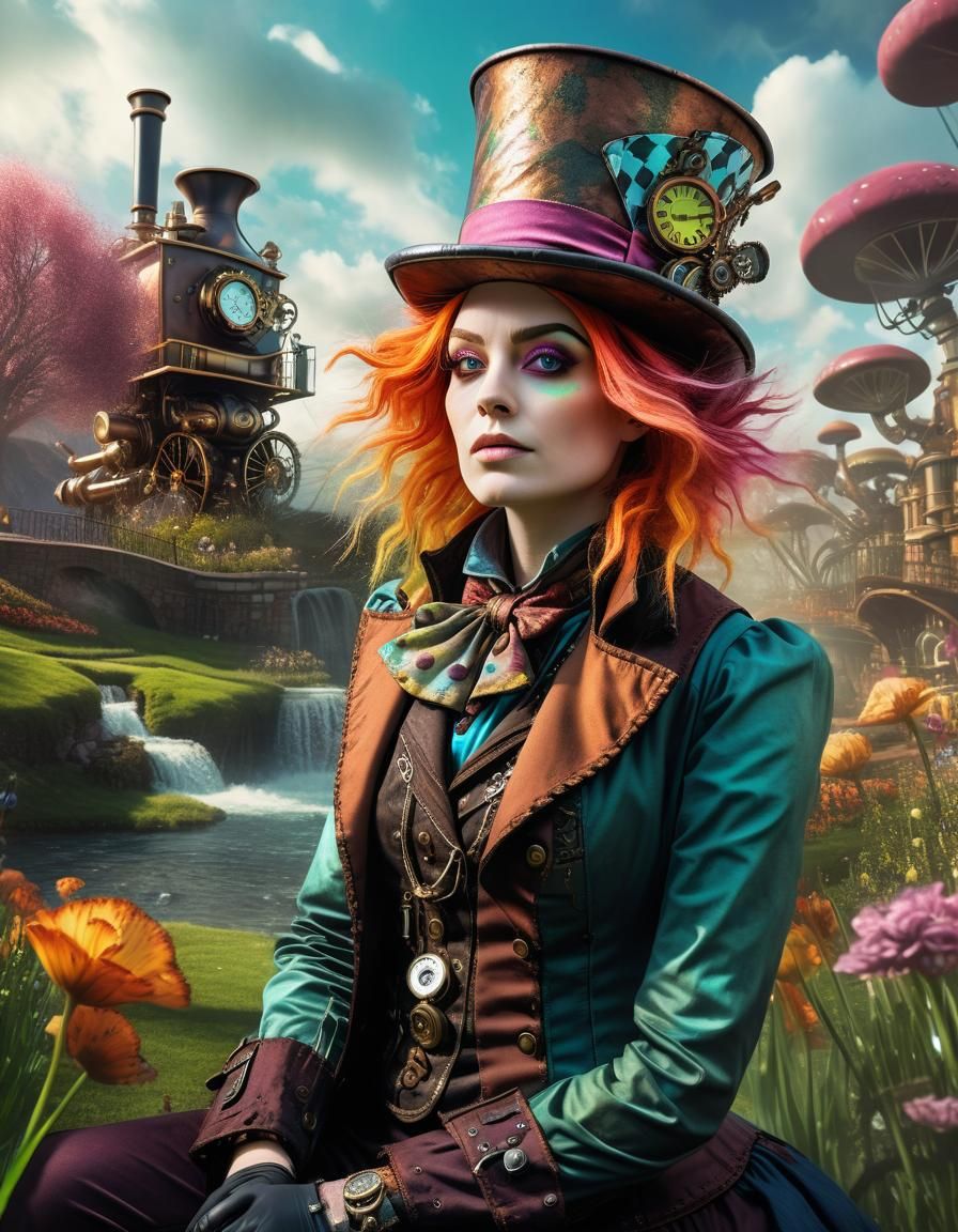 Steampunk Mad Hatter in Wonderland: Hyperrealistic Spring Sc...