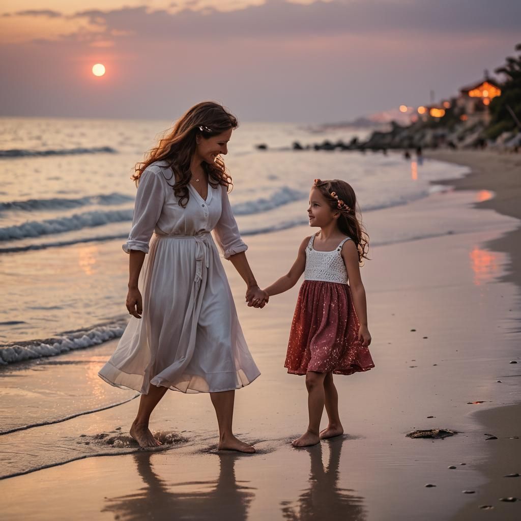 Mother and Daughter's Loving Sunset Embrace