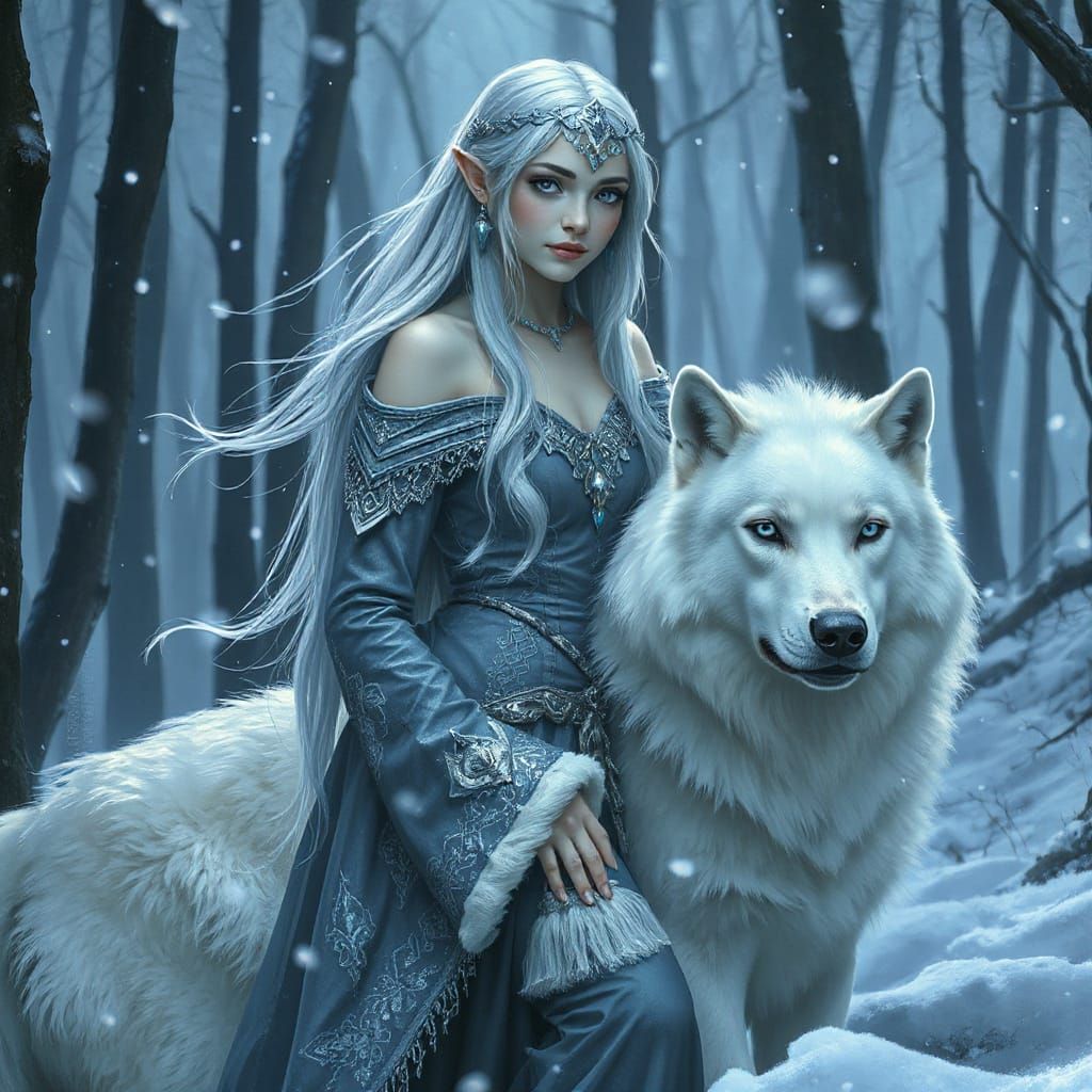 Elven Queen and Wolf in Frozen Forest, Hyperrealistic Painti...