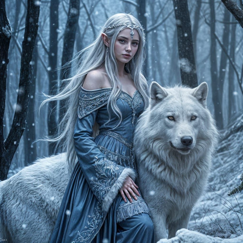 Elven Queen and White Wolf in Frozen Forest