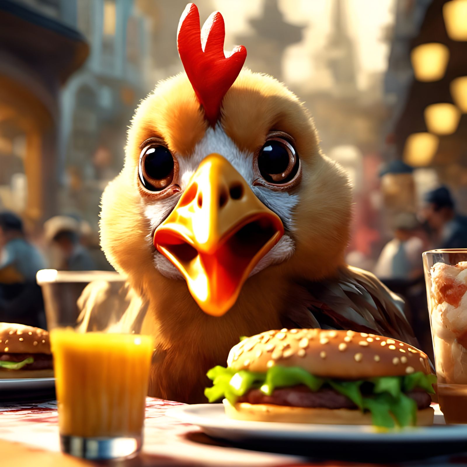 Chibi Chicken's Hamburger Feast: Detailed Digital Portrait