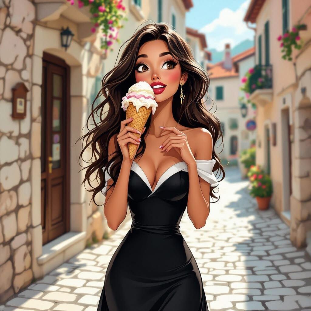 Woman Eating Giant Ice Cream in Croatian Town