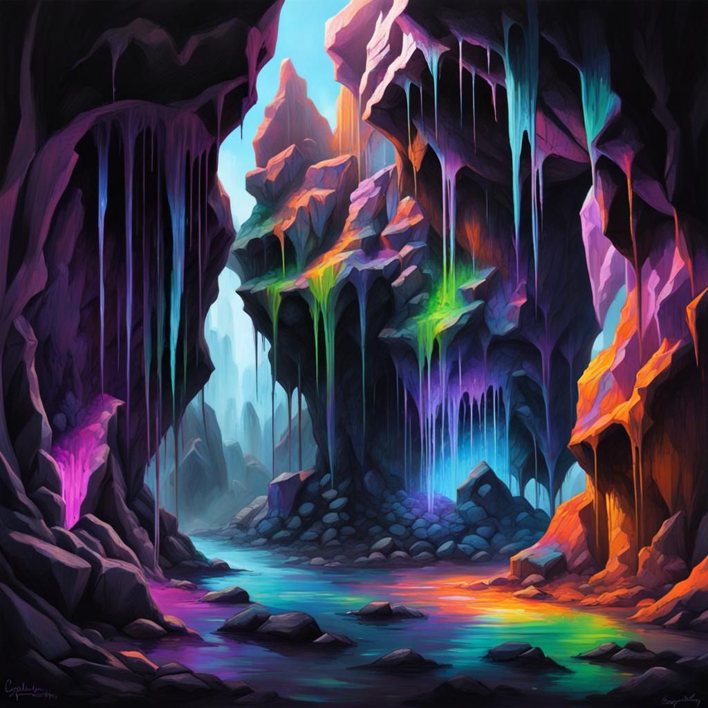 Crystal Caves and Merlin in Graffiti Blacklight Art