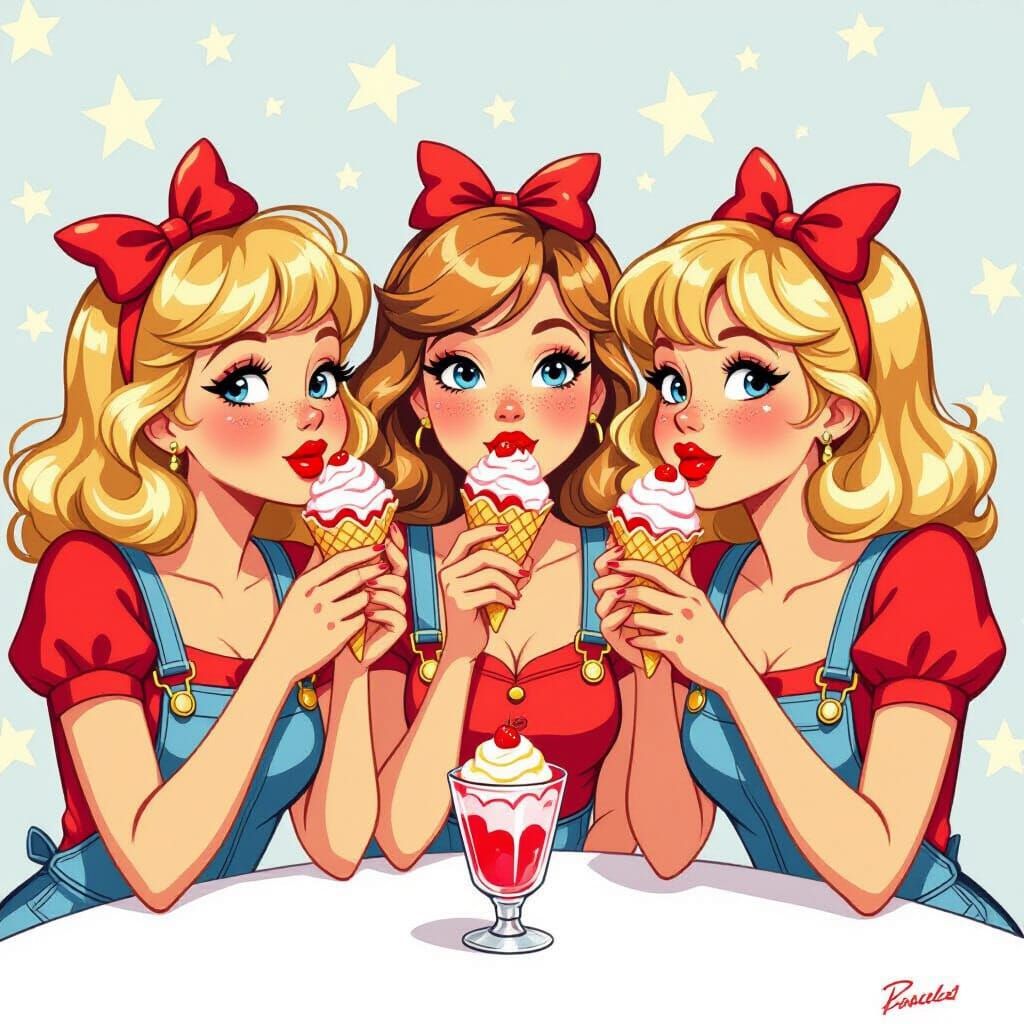 Whimsical Cartoon: Three Girls Eating Ice Cream
