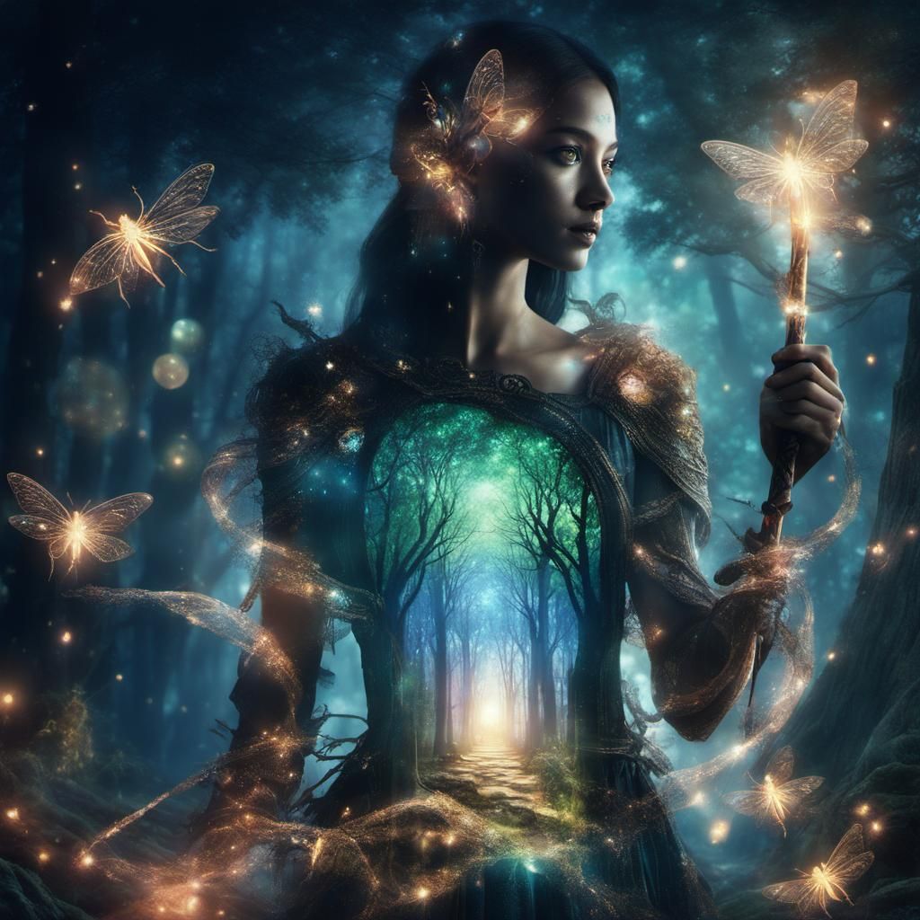 Enchantress in Double Exposure: Magical Forest