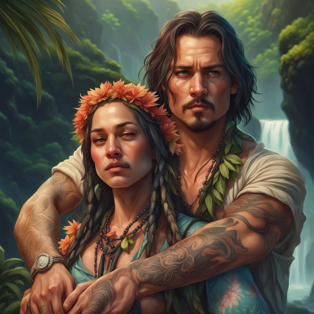 Hawaiian Girl Cuddling Johnny Depp: Hyperdetailed Portrait