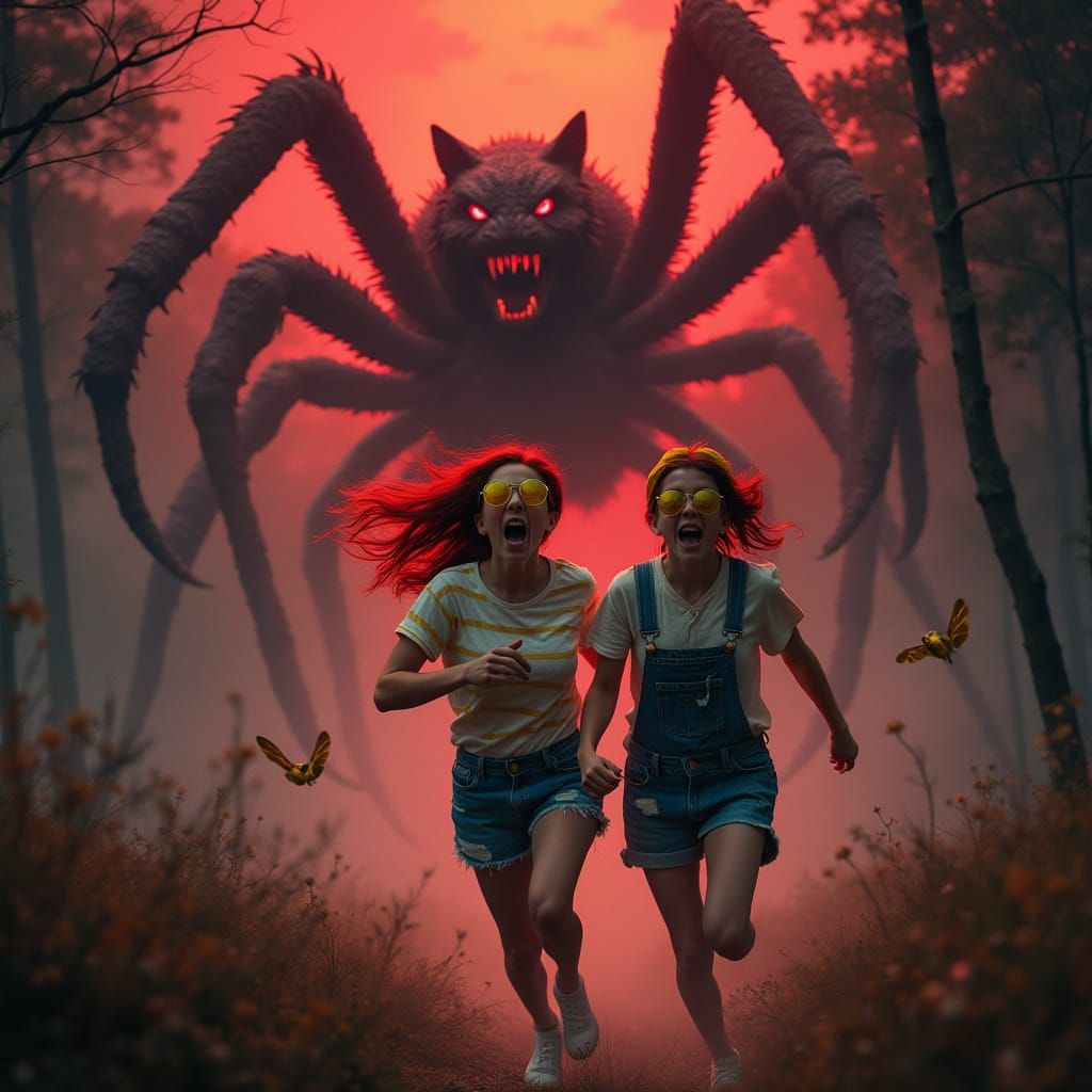 Surreal Escape Scene of Teenage Girls Fleeing Monstrous Crea...