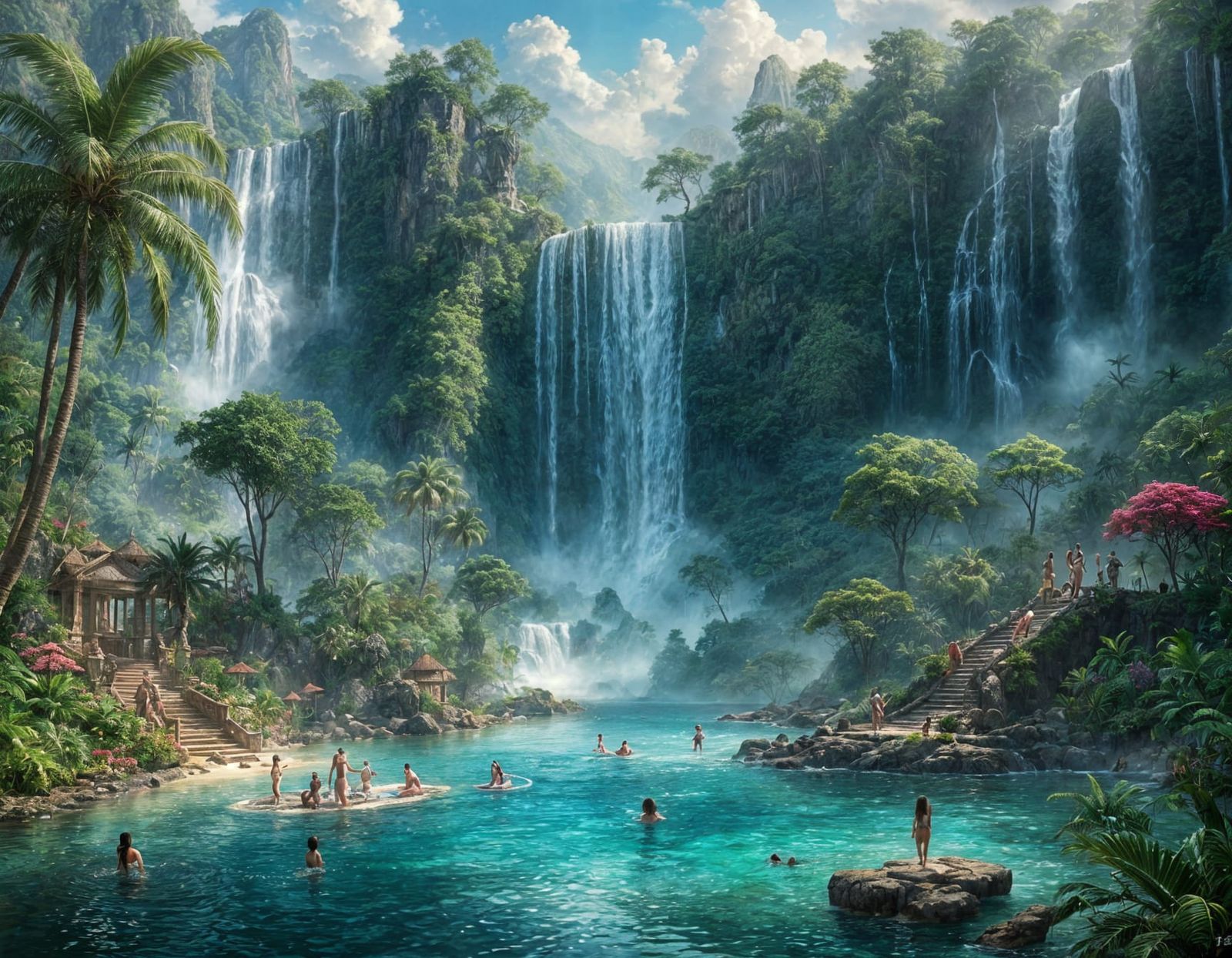 Paradise Island Oasis with Waterfall and Women