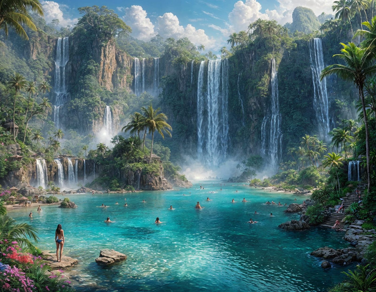 Tropical Paradise Island with Women in Bikinis