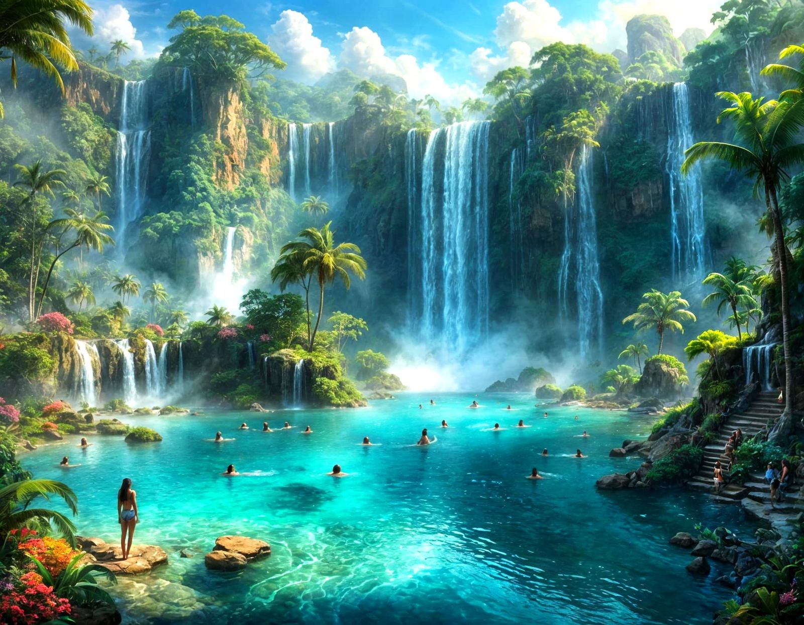 Bikini Models Enjoy Paradise Island Waterfall