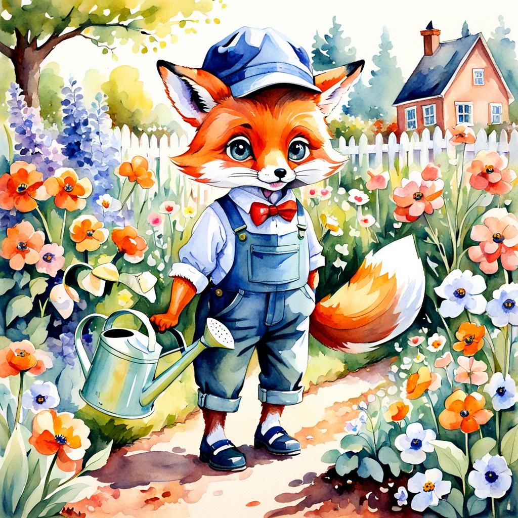 Fox in Garden: Watercolor Cartoon Illustration